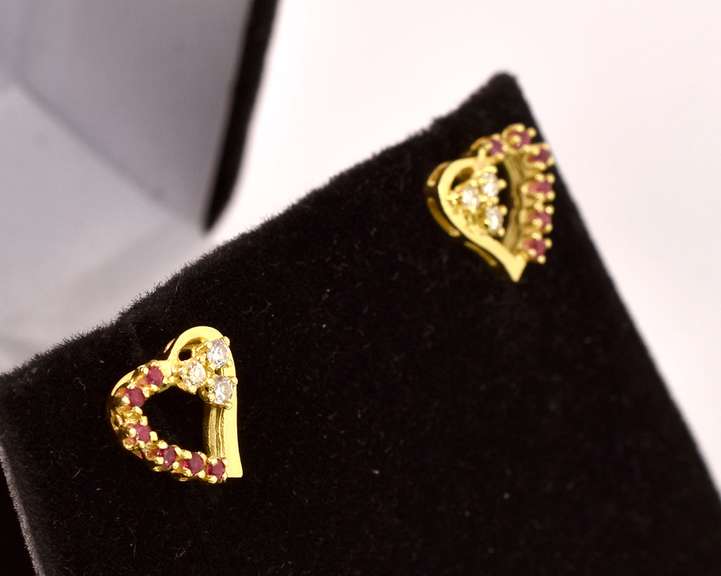 Beautiful Diamond and Ruby Heart Earrings in 14K Yellow Gold
