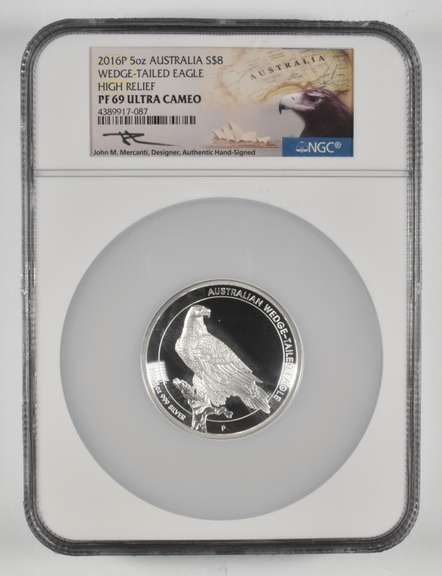 PF69UCAM 2016-P Australia 8 Dollars 5 Oz .999 Silver Signed NGC Chip