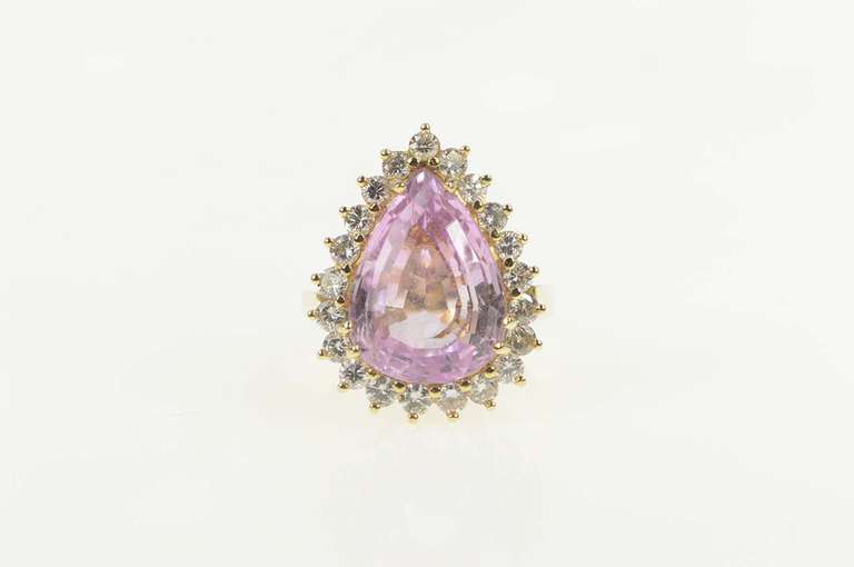 14K Yellow Gold 10.84 Ctw Pear Kunzite Diamond Halo Cocktail Ring