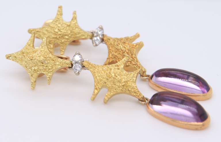 Attractive 18kt Solid Yellow Gold, Amethyst, and Diamond Earrings