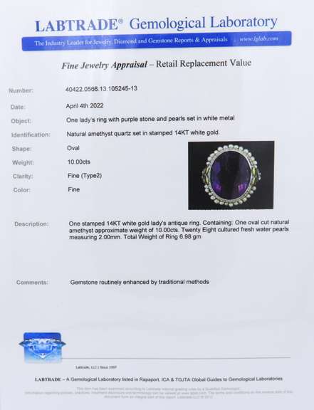 Antique White Gold Amethyst and Pearl Ring