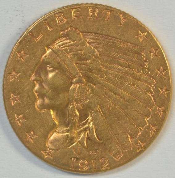 Golden fresh BU 1912 US $2.50 Indian Gold Piece. Better date