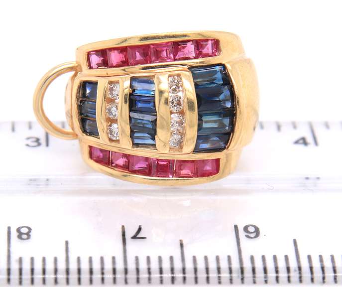 Fabulous Yellow Gold Blue Sapphire, Ruby and Diamond Earrings