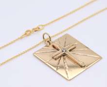 Charming Yellow Gold Square Diamond Cross Pendant on Chain