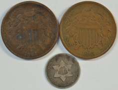 1864 & 1865 Two Cent Pieces & 1852 Three Cent Silver Piece