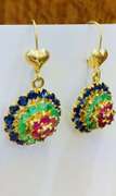 14kt Solid Yellow Gold, Emerald, Ruby, & Blue Sapphire Earrings