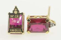 10K Yellow Gold Emerald Cut Syn. Ruby Diamond Accent Stud Earrings
