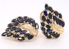 Attractive Yellow Gold Marquise Sapphire Cluster Earrings and Ring Set