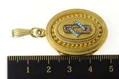 14K Yellow Gold Victorian Diamond Turquoise Ornate Locket Pendant