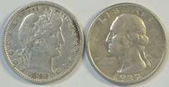 1892-P Barber Quarter in XF & 1932 Washington Quarter in AU