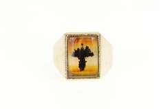 10K Yellow Gold Men's Squared Dendritic Agate Baobab Tree Ring
