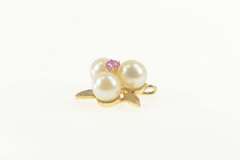 14K Yellow Gold Retro Pearl Syn. Ruby Flower Cluster Pendant