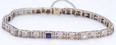 Vintage White Gold Art Deco Blue Sapphire and Diamond Station Bracelet