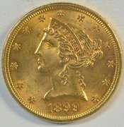 Very lovely 1899 US $5 Liberty Gold Piece. Fully struck