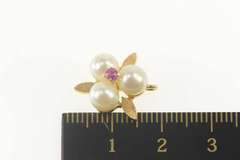 14K Yellow Gold Retro Pearl Syn. Ruby Flower Cluster Pendant