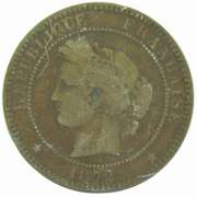1872-K Republique Francaise 10 Cenntimes Liberte Egalite Fraternite Coin