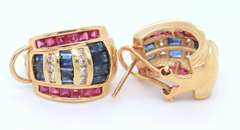 Fabulous Yellow Gold Blue Sapphire, Ruby and Diamond Earrings
