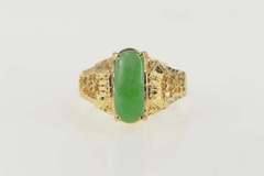 18K Yellow Gold Jade Ornate Chinese Floral Etched Statement Ring