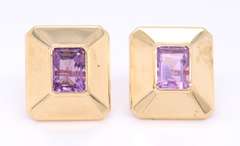 Gorgeous Yellow Gold Emerald Cut Bezel Set Amethyst Earrings