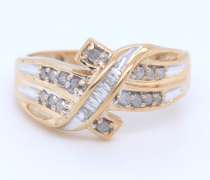 Beautiful Yellow Gold Channel Set, Baguette and Round Cut Diamond Bow Ring