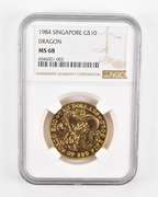 MS68 1984 Singapore $10 Gold - Dragon - Graded NGC