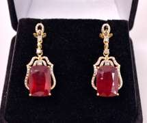 Amazing 21.55CTW Ruby & 0.28CTW Diamond Earrings in Gold Plated Sterling Silver