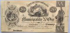 Oversize May 25 1842 $20 Municipality One City of New Orleans Note