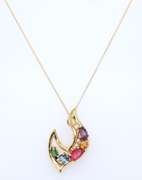 Elegant Yellow Gold Multi Shape Multi Gemstone Pendant on Chain
