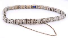 Vintage White Gold Art Deco Blue Sapphire and Diamond Station Bracelet