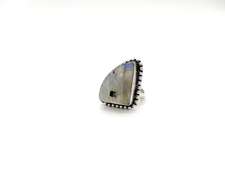 Unique Triangle Shaped Rainbow Moonstone in Tibetan Silver Beaded Ring