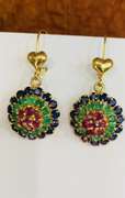 14kt Solid Yellow Gold, Emerald, Ruby, & Blue Sapphire Earrings