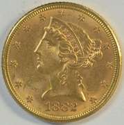 Fresh BU 1882 US $5 Liberty Gold Piece. Full strike.