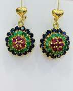 14kt Solid Yellow Gold, Emerald, Ruby, & Blue Sapphire Earrings