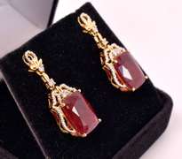 Amazing 21.55CTW Ruby & 0.28CTW Diamond Earrings in Gold Plated Sterling Silver
