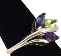 Sterling Silver Iolite, Peridot, And Amethyst Ring