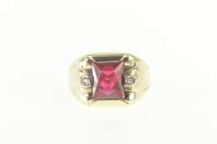 10K Yellow Gold Emerald Cut Syn. Ruby Diamond Squared Ring
