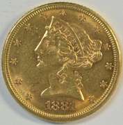 Lustrous BU 1881 US $5 Liberty Gold Piece. Full strike
