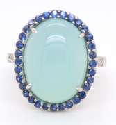 Beautiful White Gold Chrysoprase, Blue Sapphire and Diamond Ring