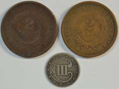 1864 & 1865 Two Cent Pieces & 1852 Three Cent Silver Piece