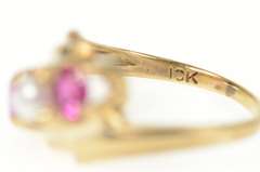 10K Yellow Gold 1950's Pearl Syn. Ruby Ornate Bypass Ring