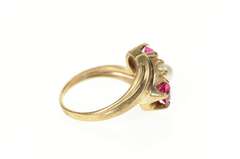 10K Yellow Gold 1950's Pearl Syn. Ruby Ornate Bypass Ring