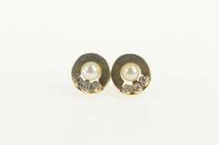 14K Yellow Gold Pearl Diamond Accent Circle Simple Stud Earrings