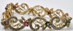 Ornate Vermeil Bracelet With Sapphire Ruby and Emerald Flowers