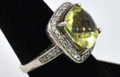 Sterling Silver Yellow Quartz Ring With Diamond Accents