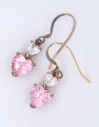 Vintage Sterling Silver Clear and Pink Cubic Zirconia Heart Shaped Dangle Earrings