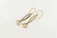 14K Yellow Gold Pearl Two Tone Curvy Criss Cross Dangle Earrings
