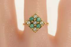 14K Yellow Gold 1960's Retro Pearl Turquoise Square Cluster Ring