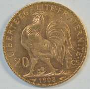 Superb Gem BU 1908 France 20 Francs Gold 'Rooster' coin