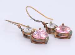 Vintage Sterling Silver Clear and Pink Cubic Zirconia Heart Shaped Dangle Earrings