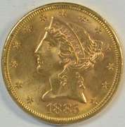 Near Gem BU 1885-S US $5 Liberty Gold Piece. Pristine